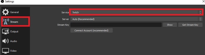 selecting stream option in obs