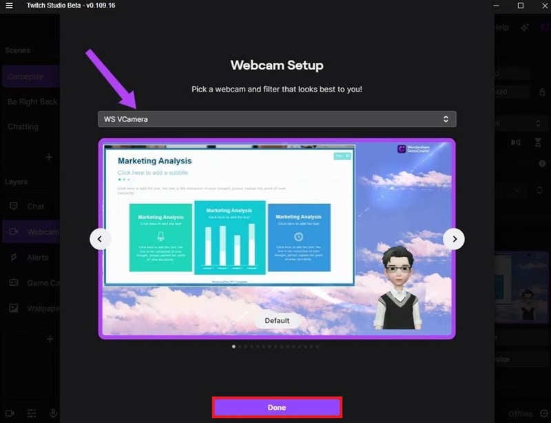 selecting democreator camera in twitch studios