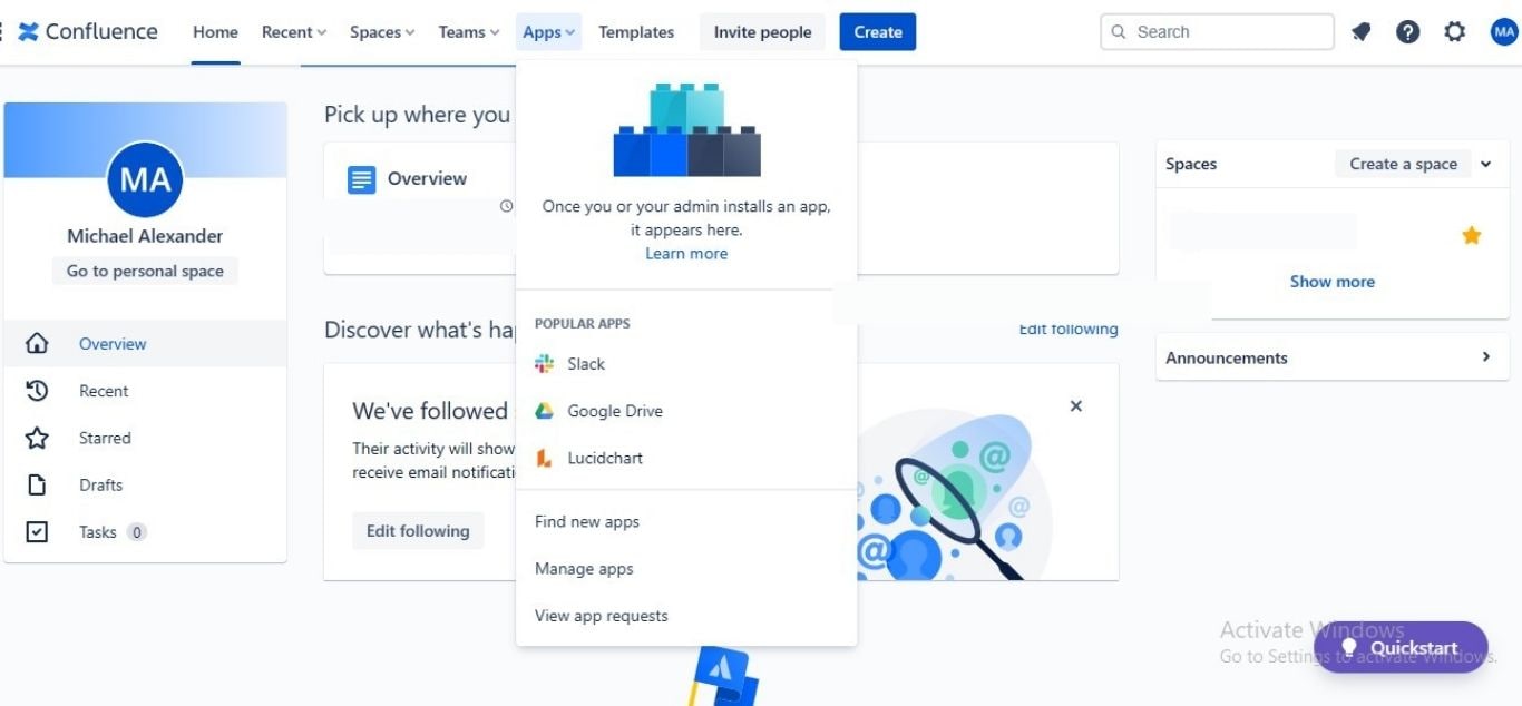 apps option confluence interface