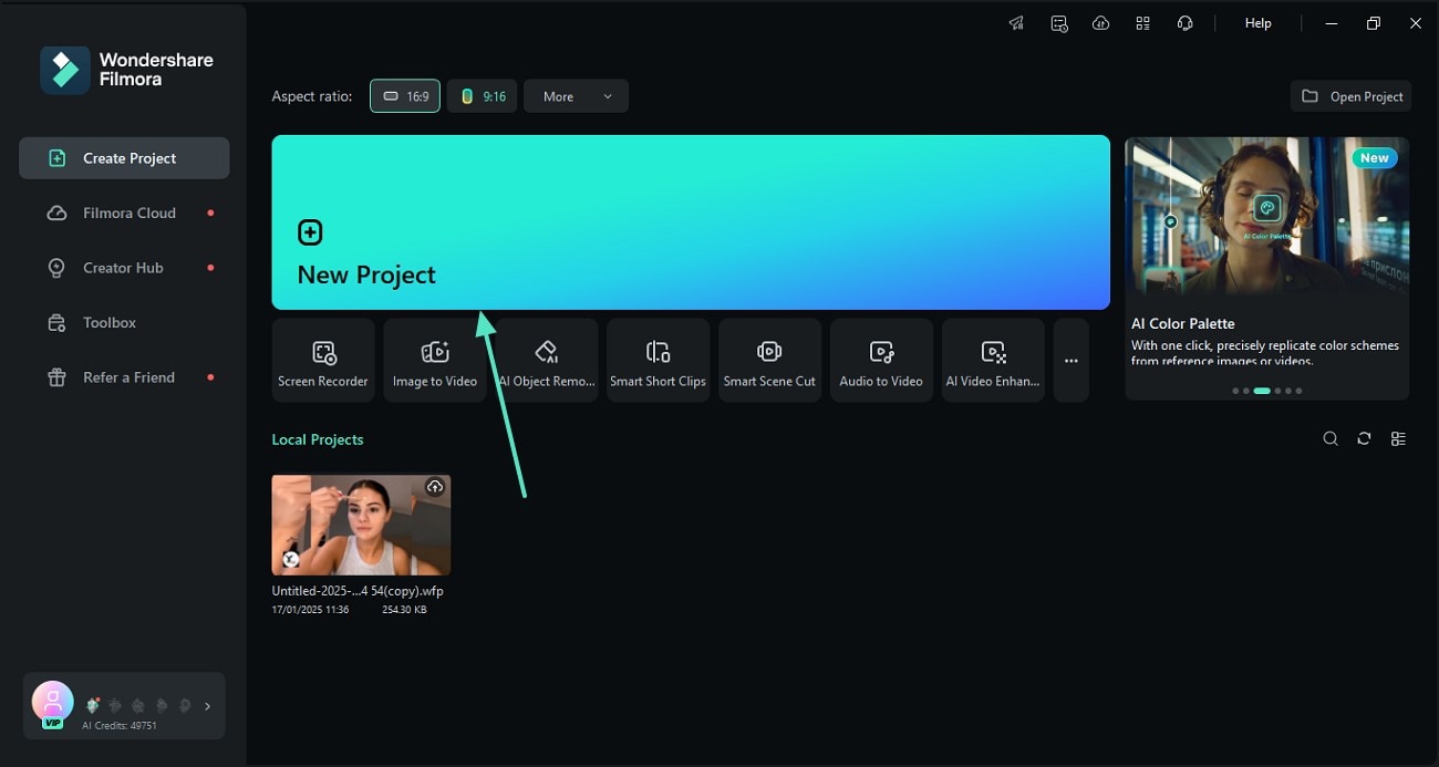 create new project on filmora desktop