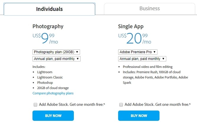 premiere pro price for individuals