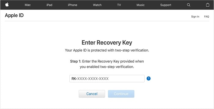 iCloud Enter Recovery Key